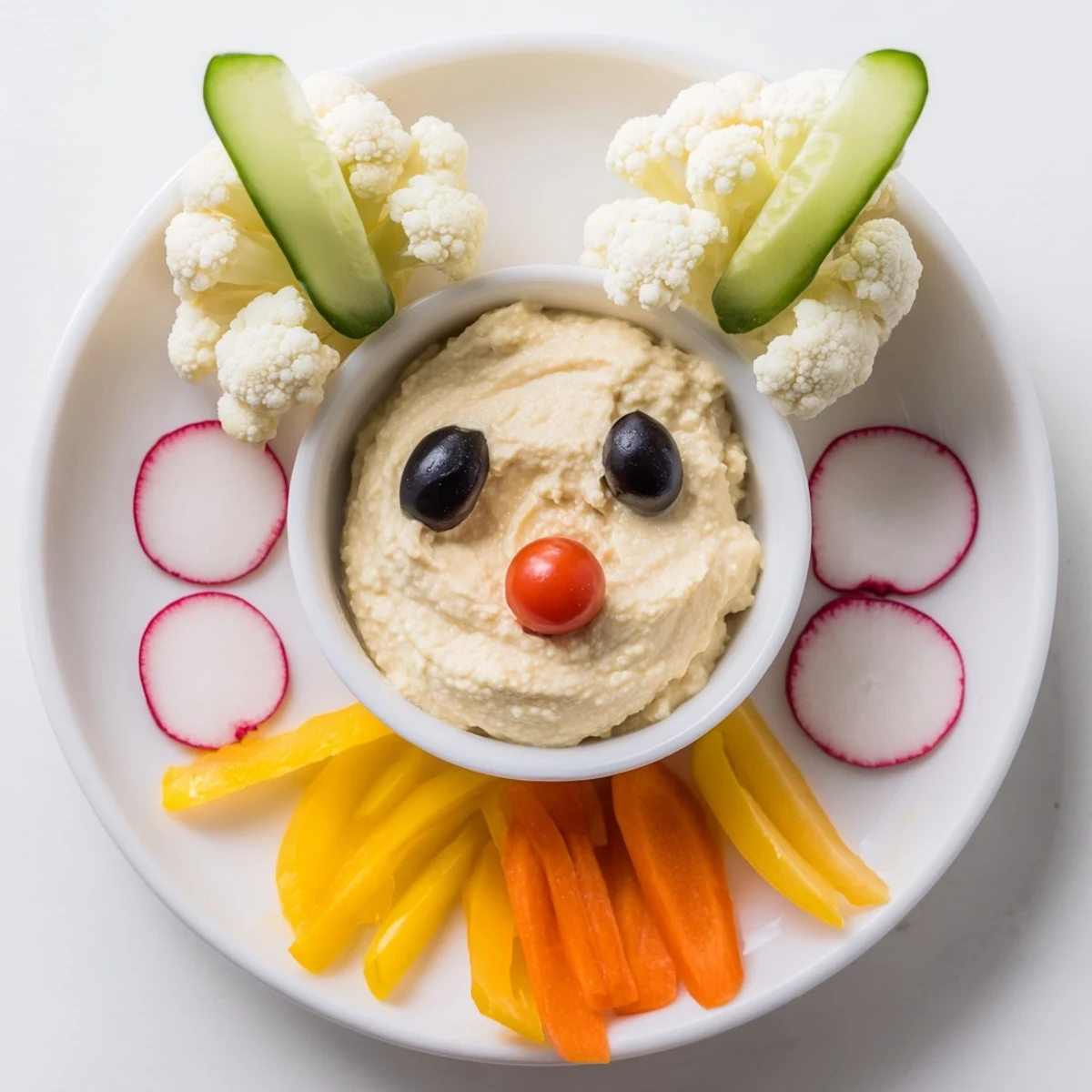 Vibrant Bunny Meadow Veggie Board with colorful veggies and a creamy hummus dip for festive snacking.