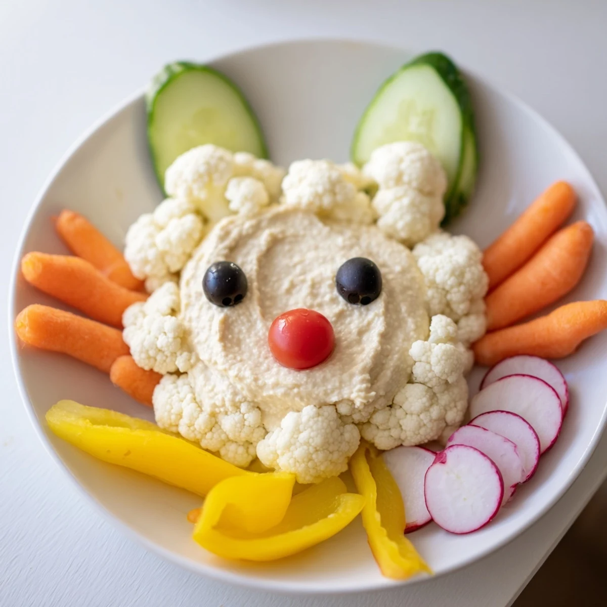 A festive Bunny Meadow Veggie Board, an Easter appetizer featuring fresh, colorful vegetables and ranch.