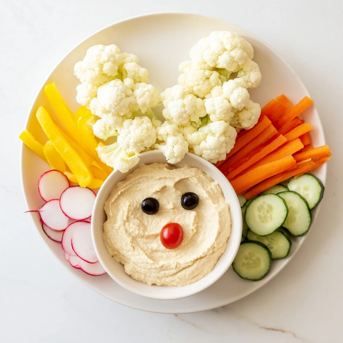 This whimsical Bunny Meadow Veggie Board presents fresh, colorful vegetables artfully arranged for a fun snack.