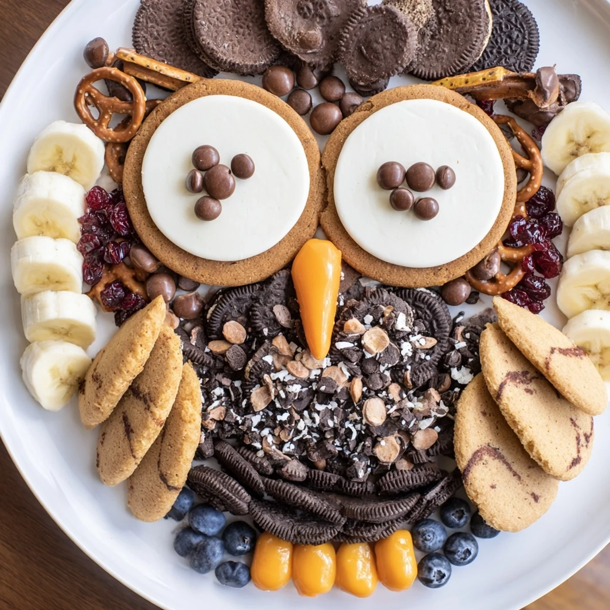Enchanting Owl Hooting Dessert Board details, featuring a vibrant collection of yummy snacks.