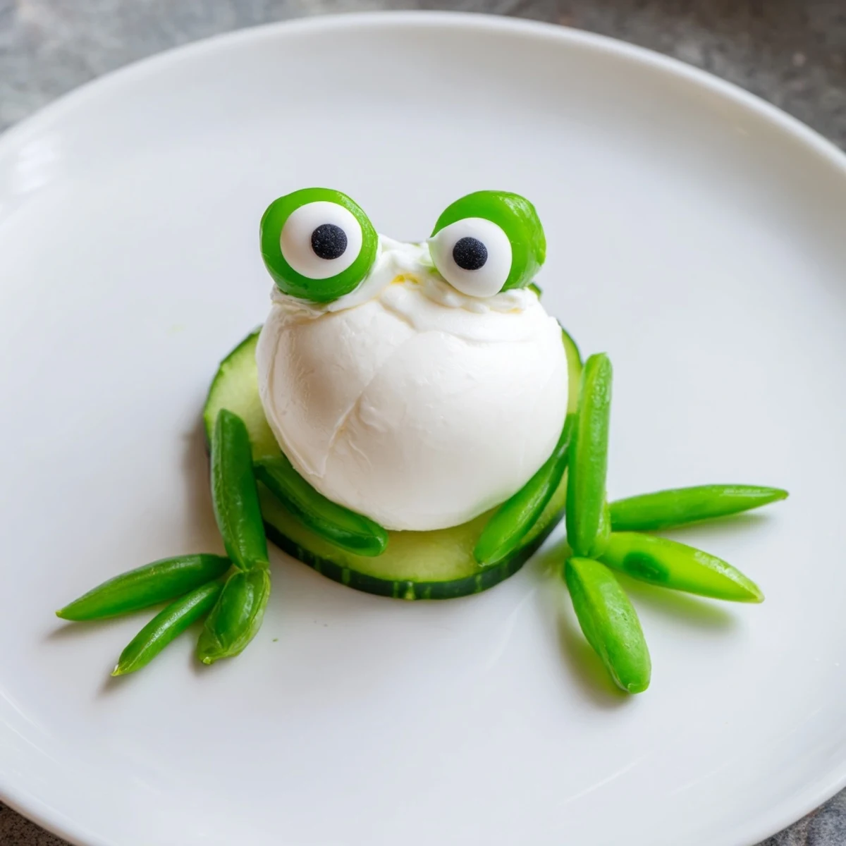 Frog Pond Snack Tray: A vibrant, kid-friendly snack tray with cucumber lily pads holding playful frog faces.