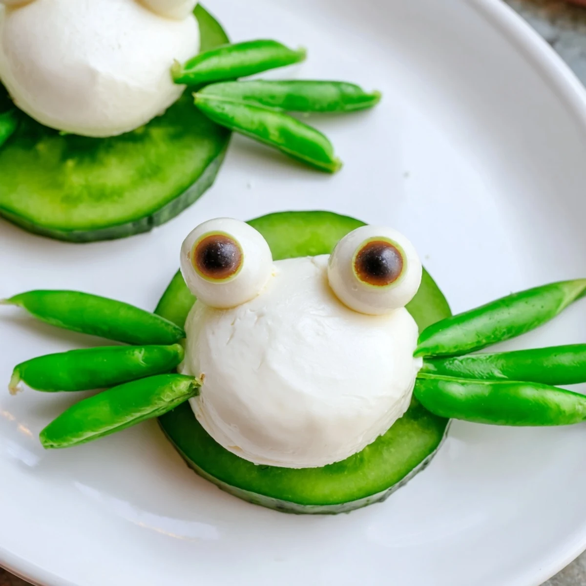 This Frog Pond Snack Tray features whimsical frog-shaped snacks with colorful fruits and veggies, a fun appetizer.