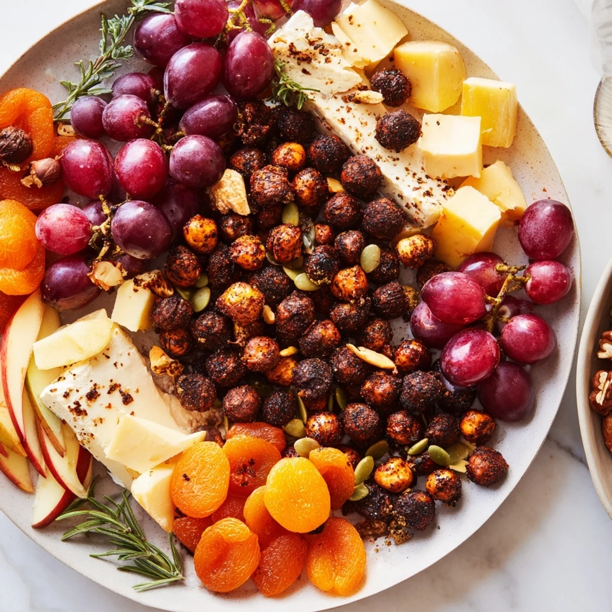 Richly colored photo of the delicious Squirrels Acorn Hoard Platter, an appetizer full of fall flavors and fresh rosemary sprigs.