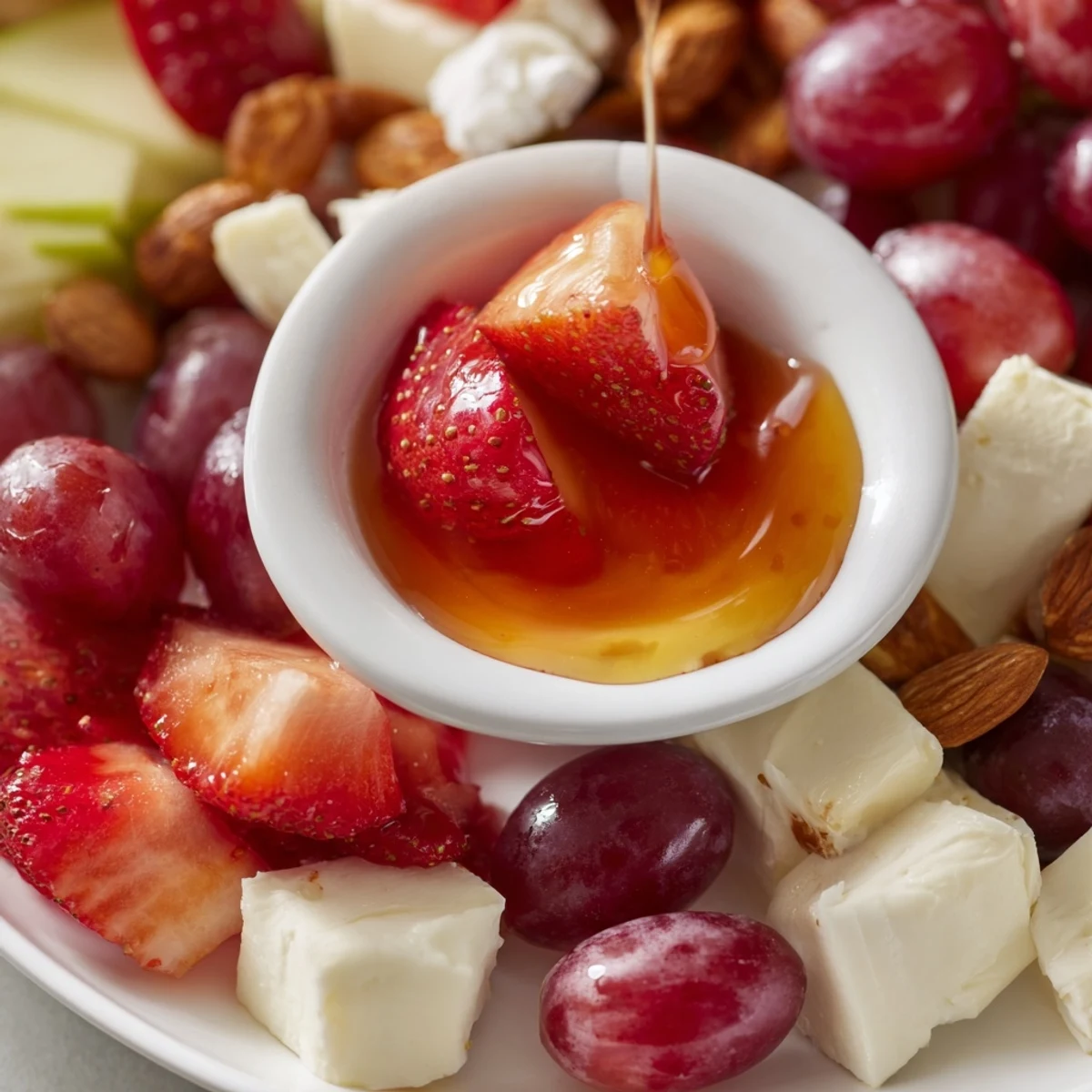 Bears Honey Pot Board features colorful fruits, cheeses, crackers, and honey, perfect for dipping and snacks.