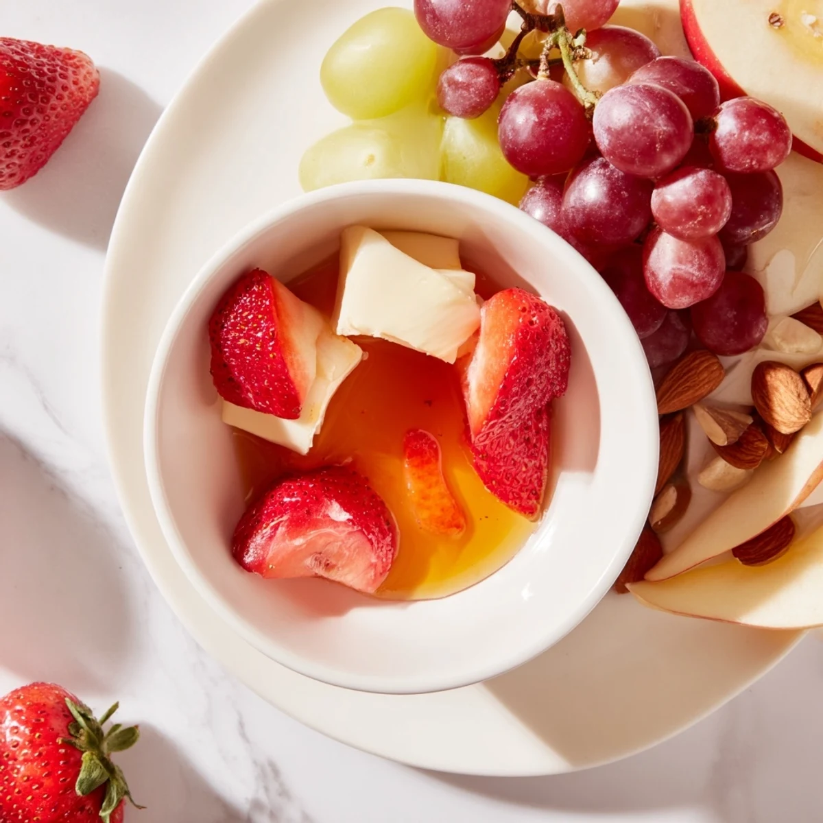 A delicious Bears Honey Pot Board showcases fresh strawberries, brie, and honey, ready to serve and enjoy.