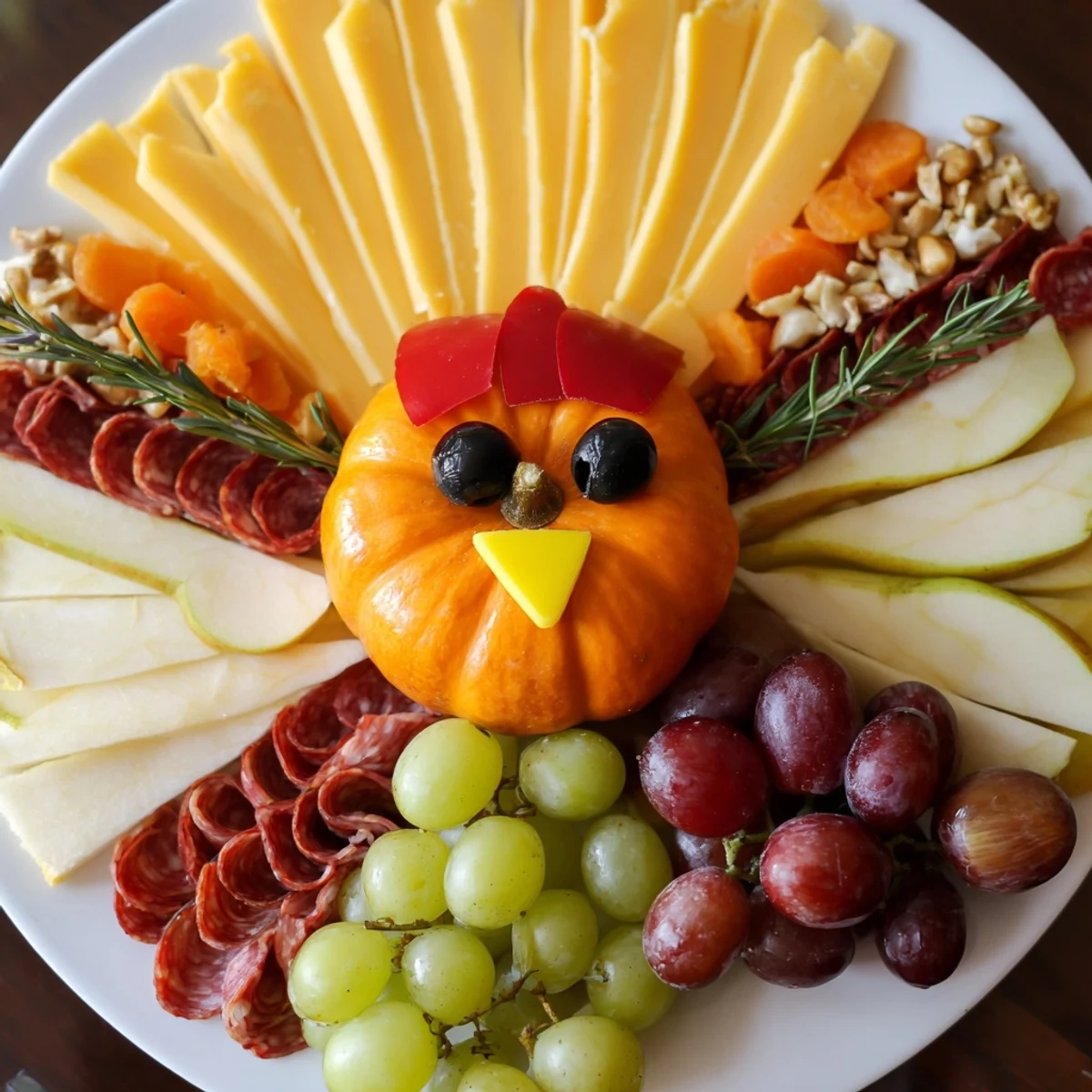 A Wheat Field Thanksgiving Turkey Board loaded with cheese, meats, and colorful fruits, perfect for sharing.