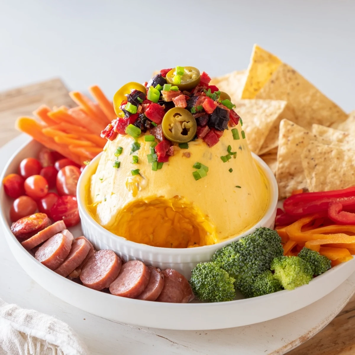 This Lava Flow Volcano Dip Platter showcases a spicy cheese "volcano" surrounded by tasty dippers.