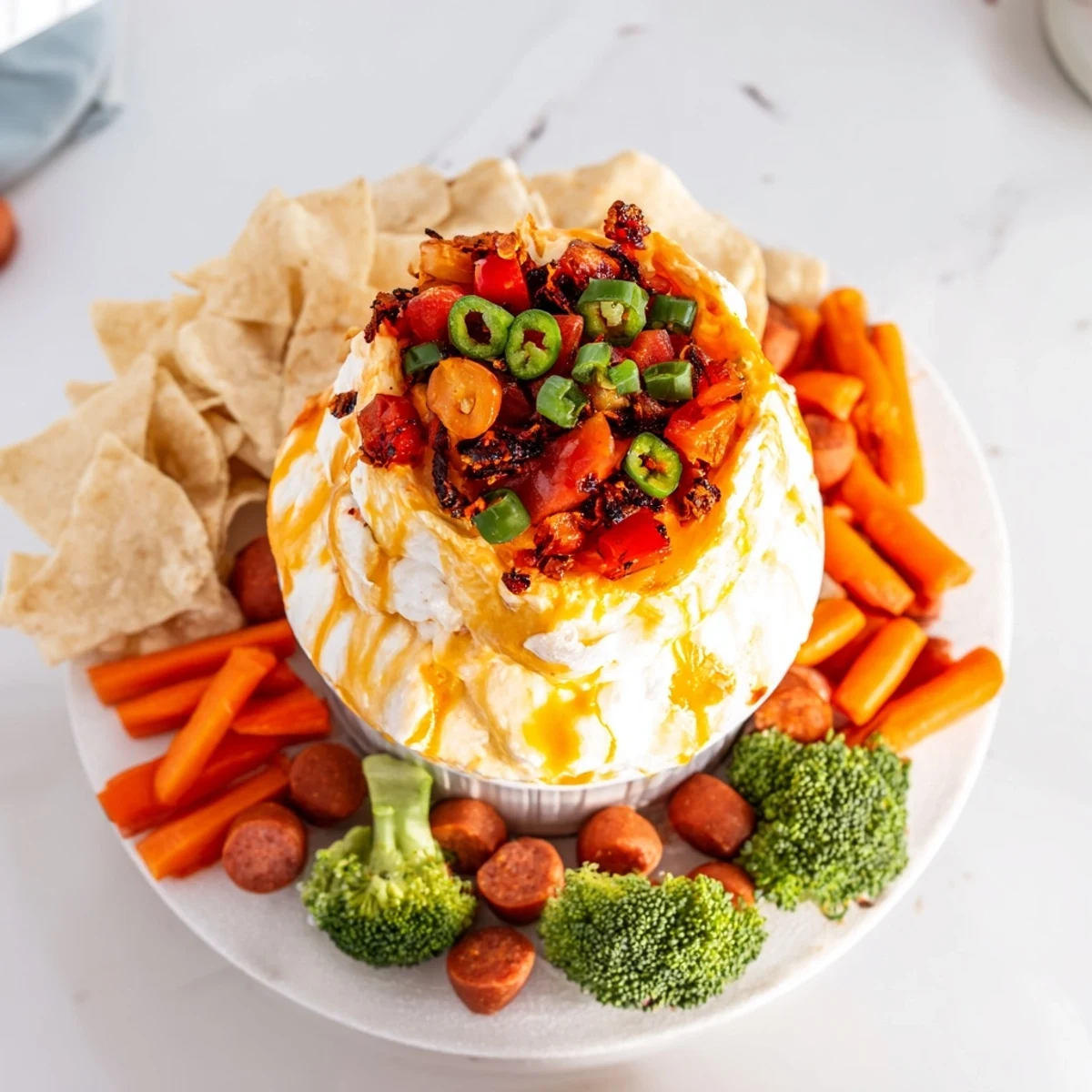 Lava Flow Volcano Dip Platter: A bubbling cheese dip, a fiery appetizer with colorful veggies and chips.