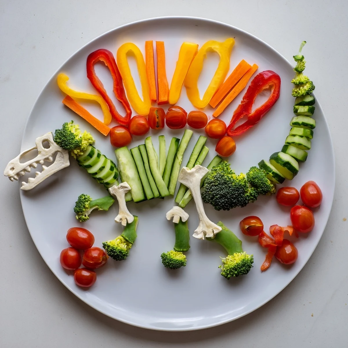 Dino-Mite Dinosaur Fossil Crudités with vibrant veggies arranged for an appetizer.