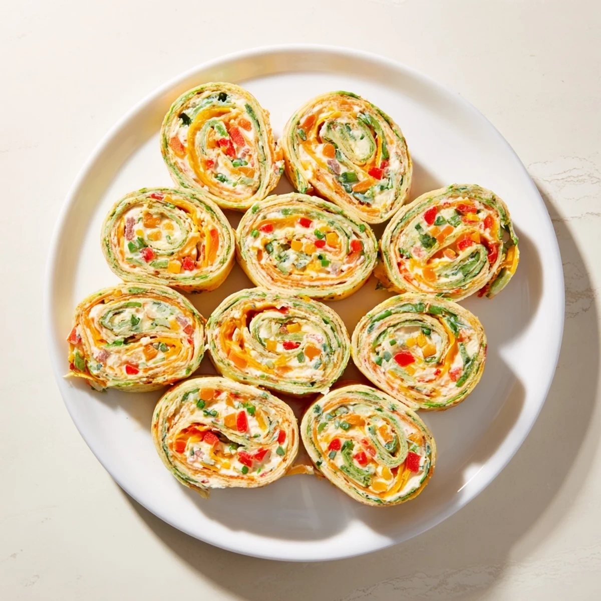 A platter of colorful Cozy Scarf Holiday Pinwheel Wraps; sliced and ready to serve at a party.