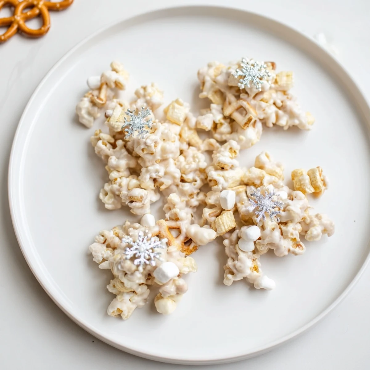Delectable Ski Season Snowflake Snack Mix, coated with melted white chocolate and covered in festive sprinkles.