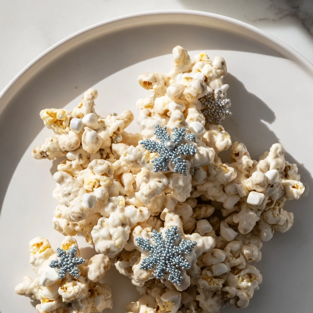 Sweet and salty Ski Season Snowflake Snack Mix, ready to serve with clusters of pretzels and white chocolate.