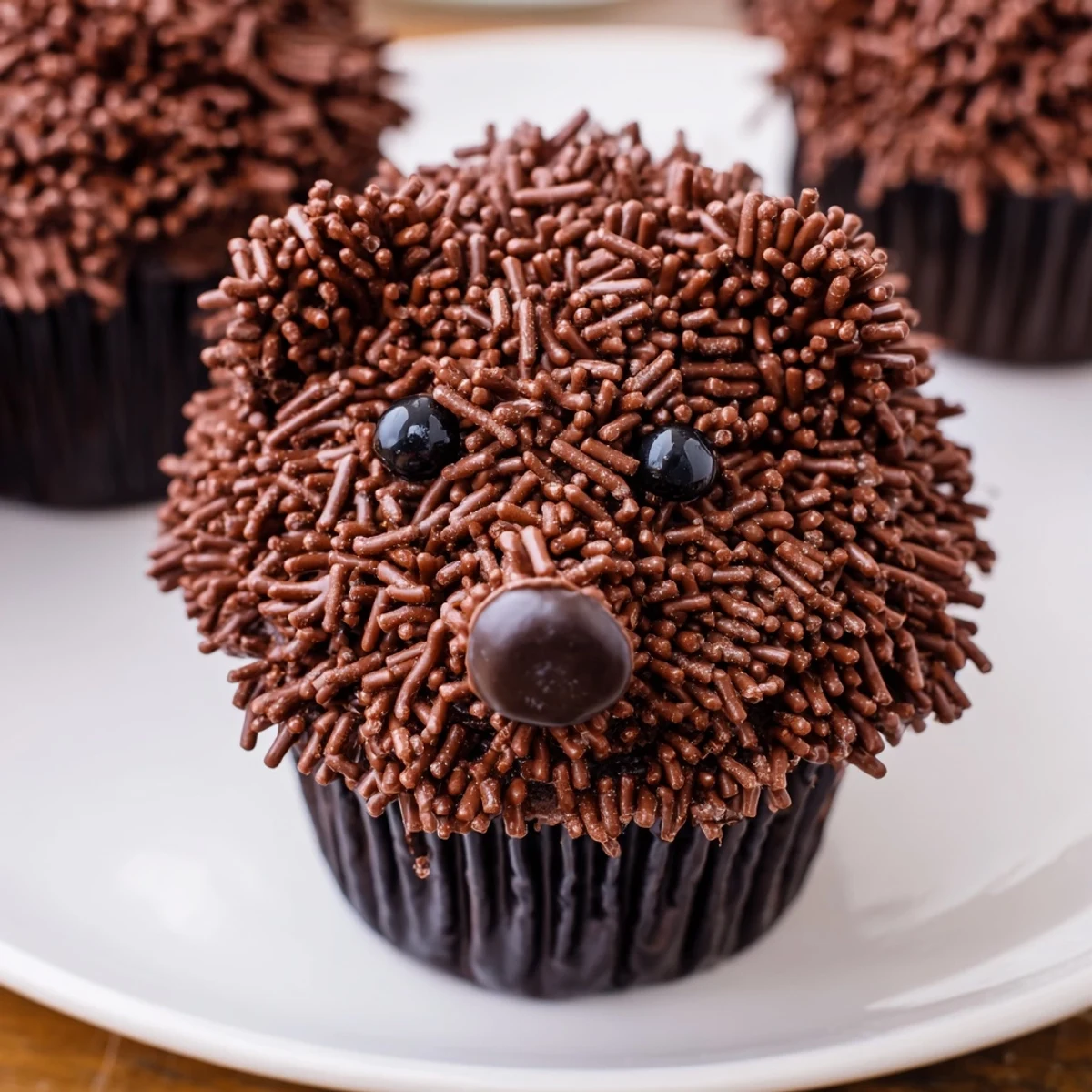 Enjoy this festive Hedgehog Cupcake Tower; imagine sweet chocolate treats perfect for a children's party.