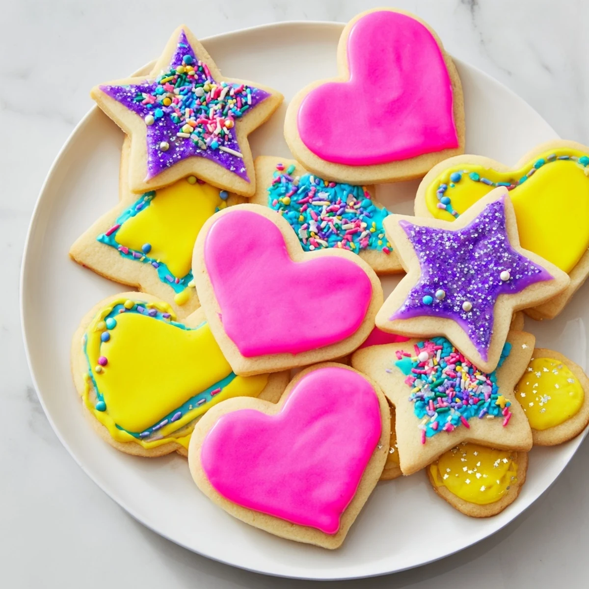 Brightly colored Princess Palace Heart & Star Treat sugar cookies, a perfect treat for celebrations.