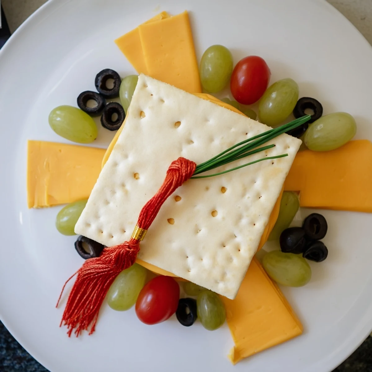 Vibrant Graduation Cap Platter, with cheddar and fresh vegetable treats, a festive appetizer.