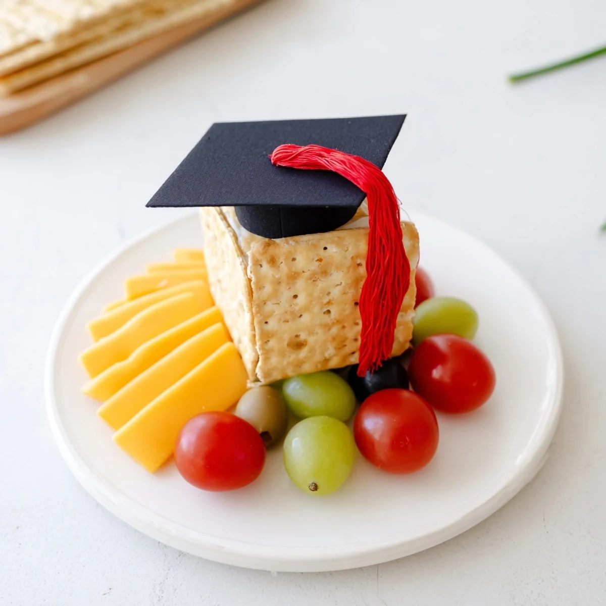 Impressive appetizer: a colorful Graduation Cap Platter of crackers, red pepper, and olives.
