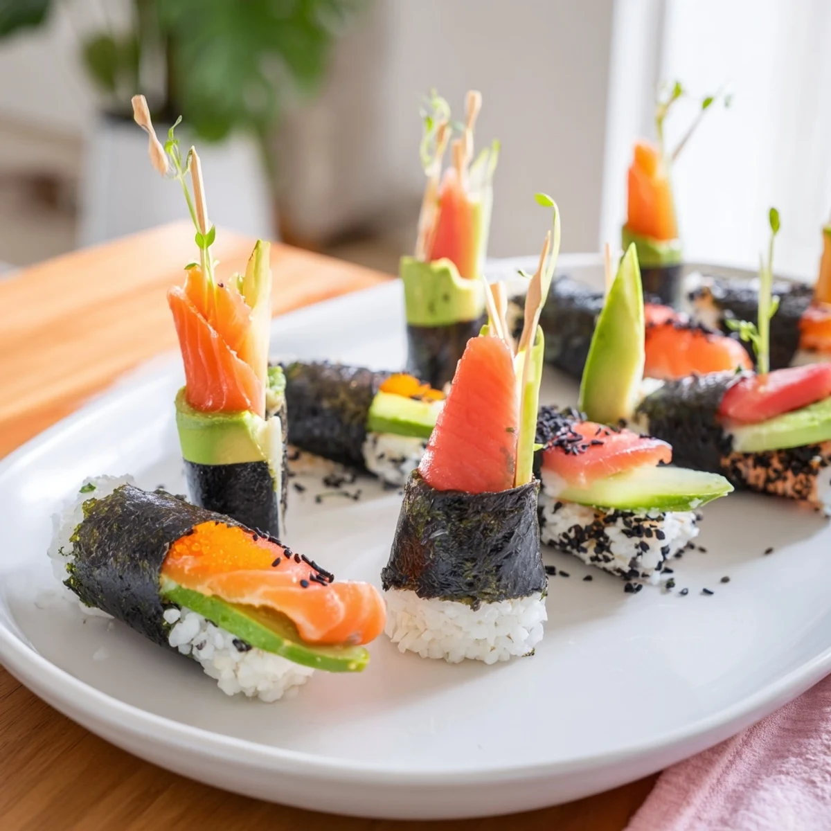 Delectable sushi sailboats at sea, featuring fresh salmon and tuna atop seasoned sushi rice.