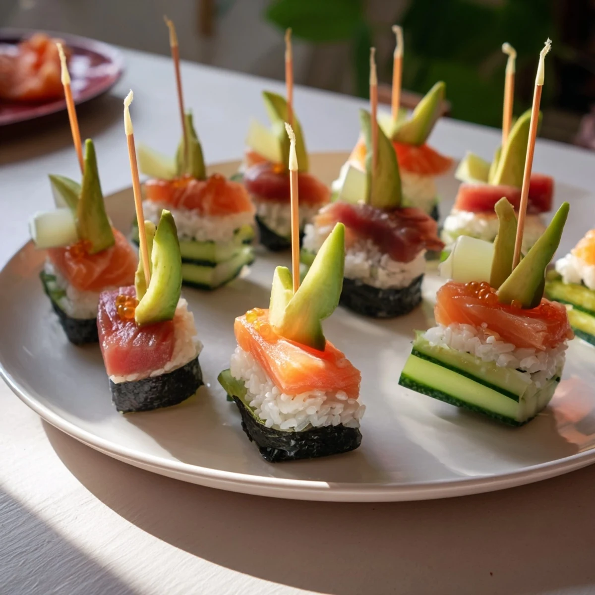 Colorful sushi sailboats, a playful Japanese appetizer served with wasabi and soy sauce.