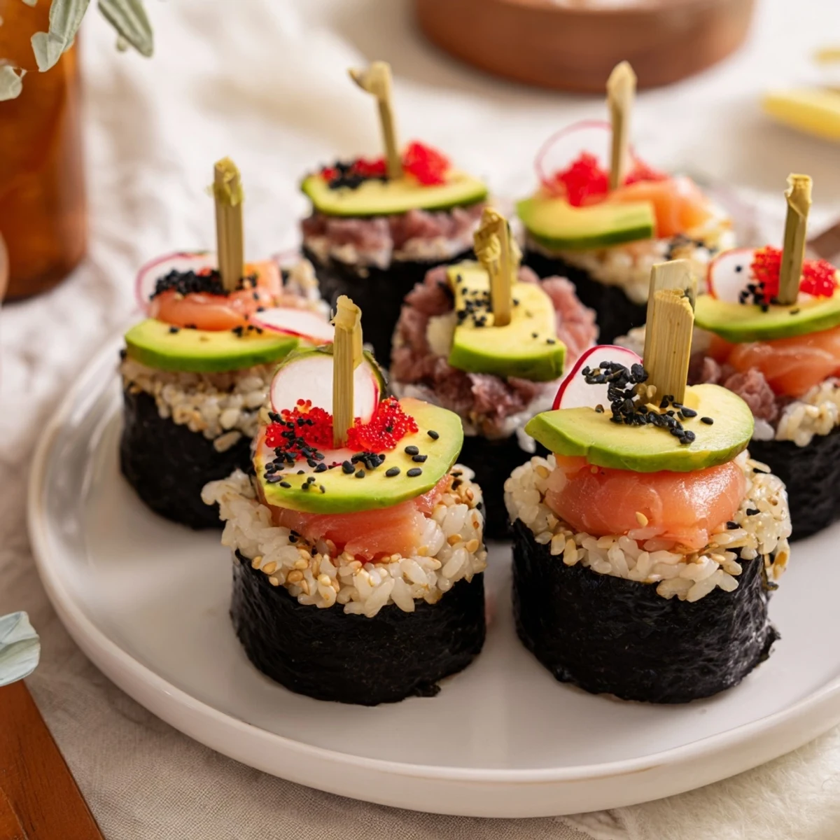 Perfectly crafted sushi boats filled with fresh ingredients: a delightful party platter of sushi.
