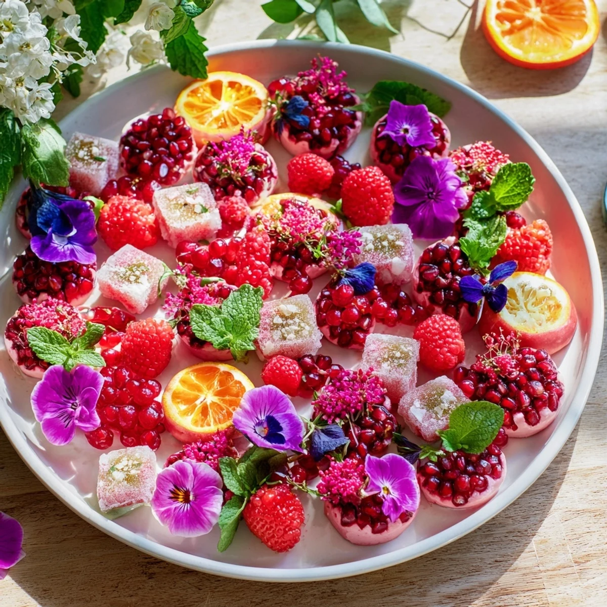 Fresh berries, citrus slices, and herbs making a beautiful Champagne bar garnishes selection for elegant drinks.