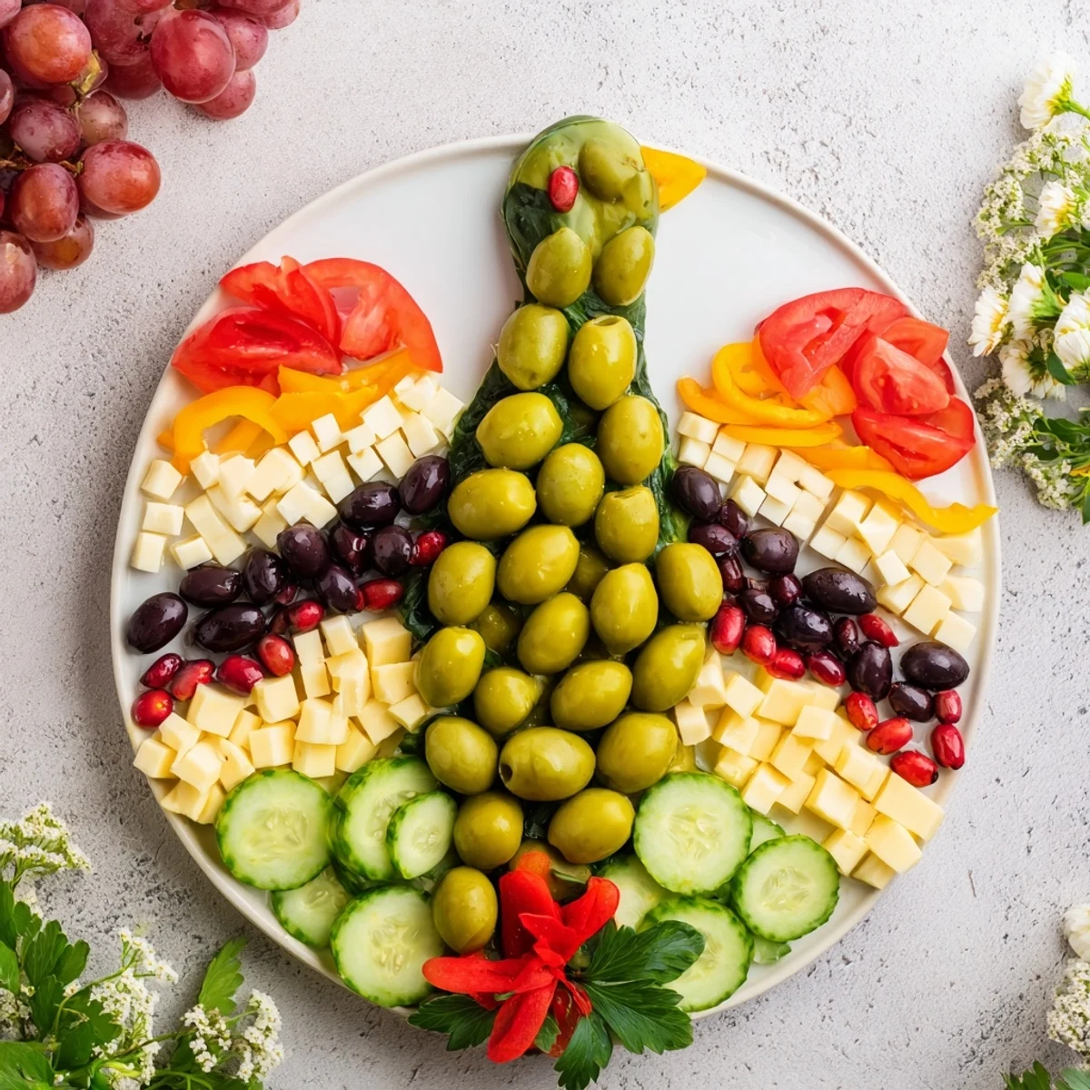 A vibrant Colombe de la Paix Olive Platter, arranged with olives, cheeses, and colorful garnishes for a peaceful presentation.
