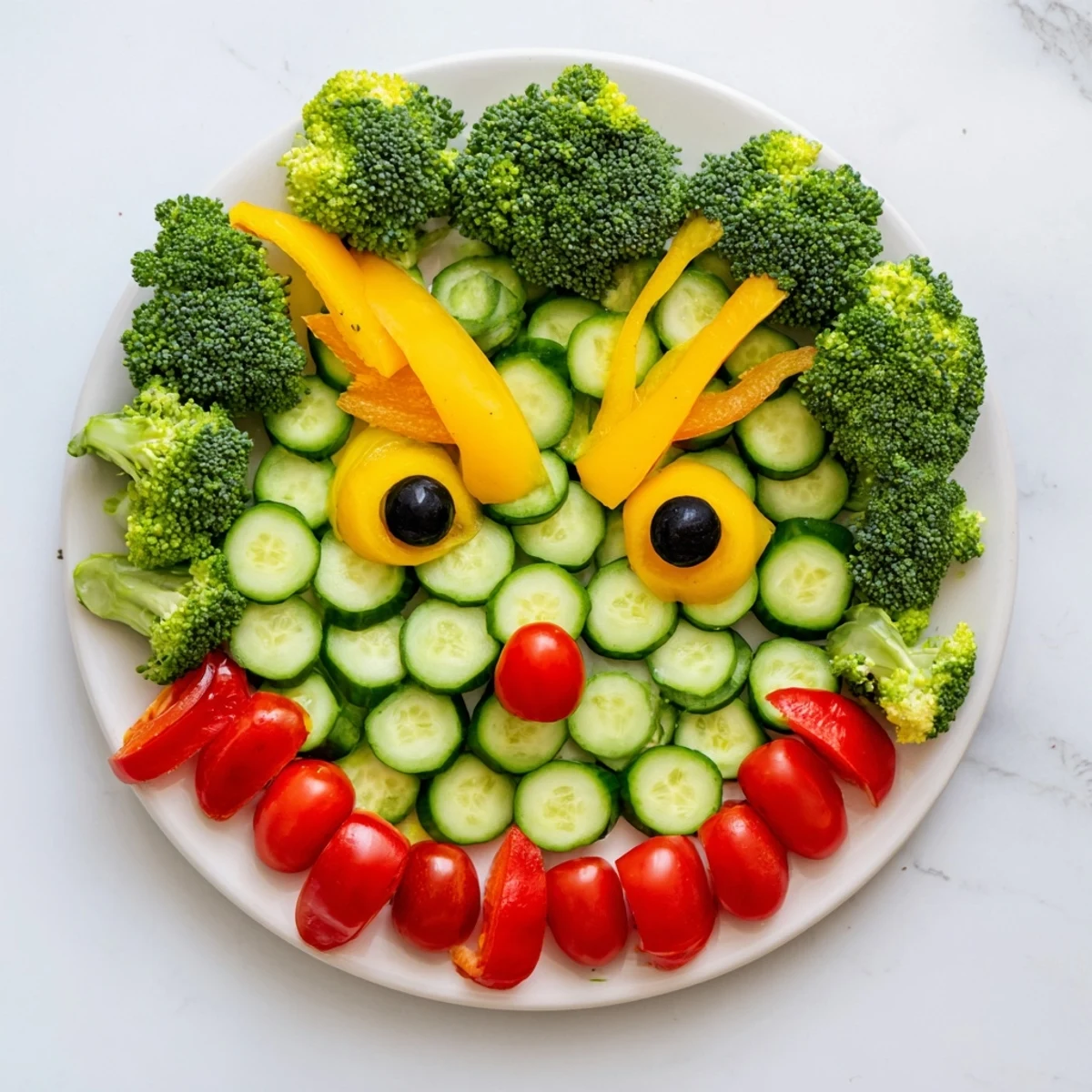 Savory Crudités: Grinch Face Veggie Platter with fresh broccoli and vibrant red tomato smile.