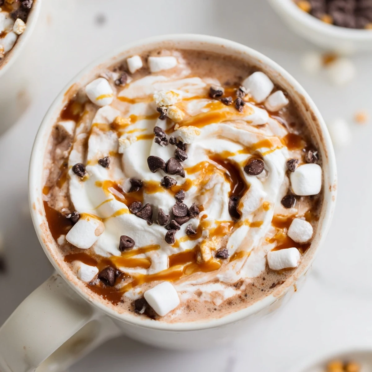 Steaming, rich Reindeer Hot Cocoa Bar with an array of colorful, tempting toppings ready to add.