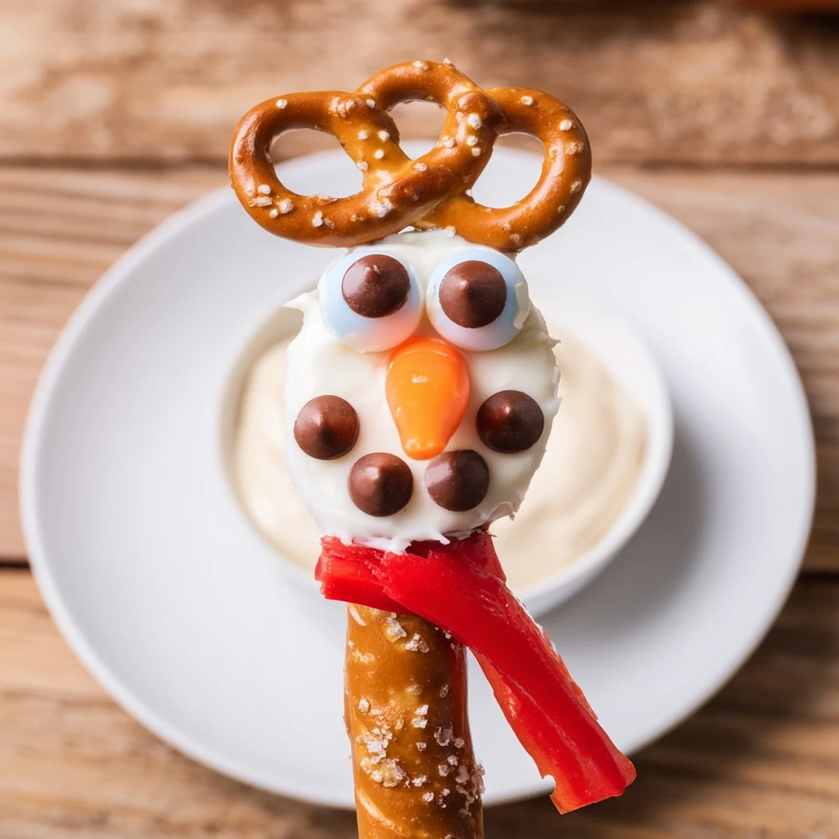 Get ready to enjoy this whimsical Snowman pretzel appetizer. Featuring salty pretzels, creamy dips and fun garnishes!