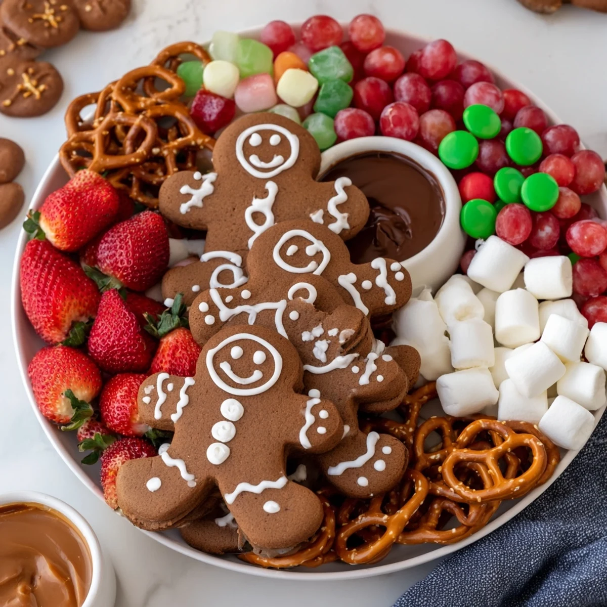 Delicious gingerbread man cookies arranged artfully on a platter with chocolate dipped pretzels and fruit.