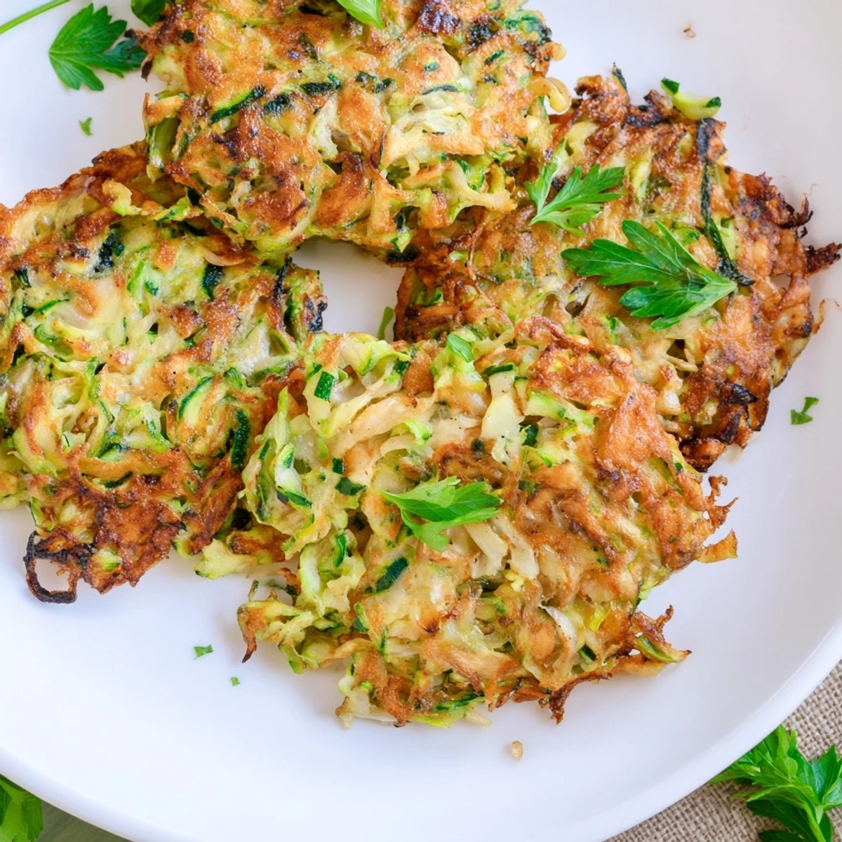Golden-brown High-Protein Chicken Zucchini Fritters sizzling in a skillet, ready to eat alongside a fresh salad.