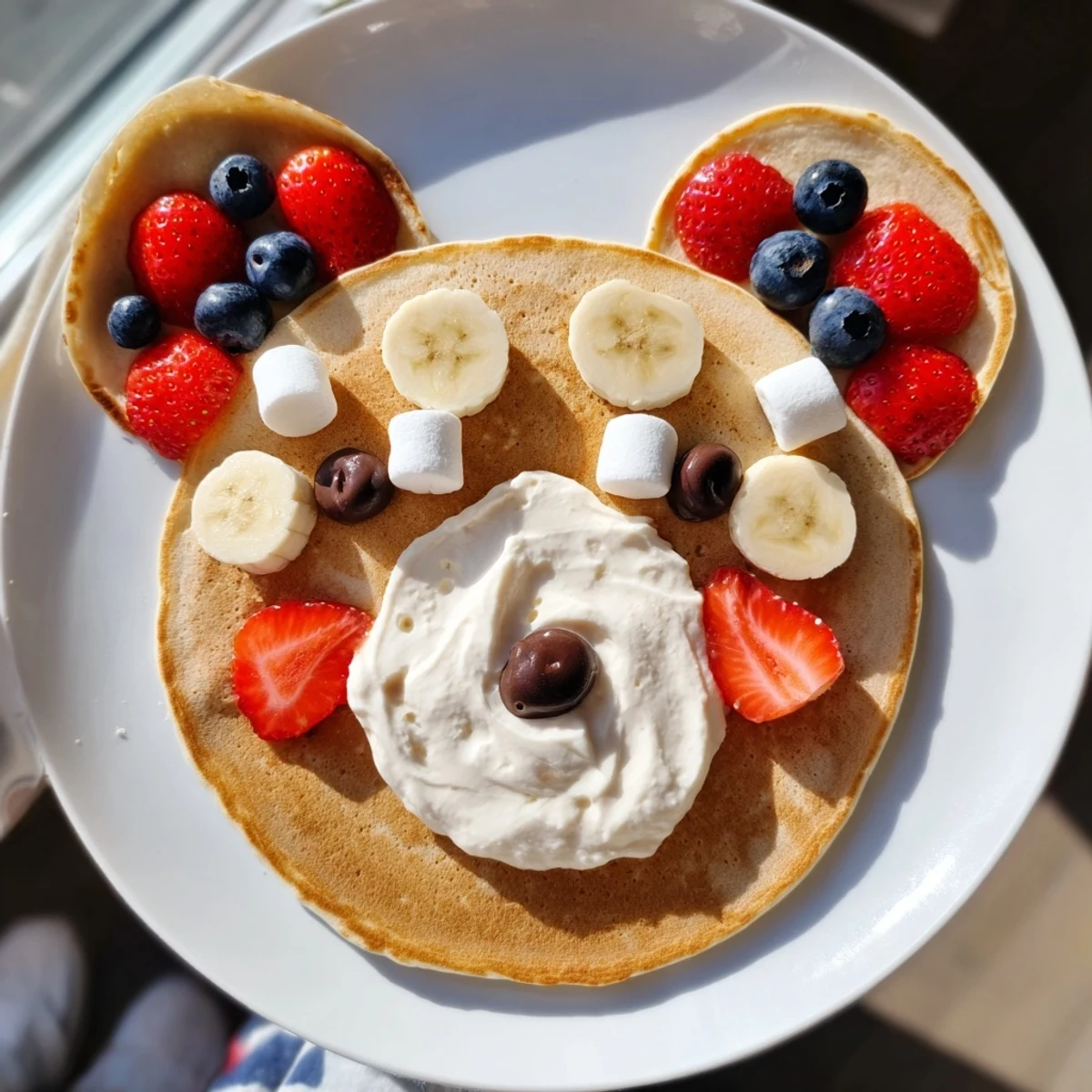 Fluffy Polar Bear Pancake Stack Board with fresh berries and rich chocolate hazelnut spread.