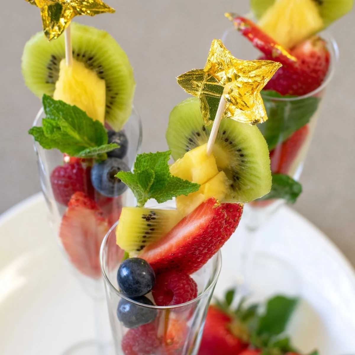 Festive champagne flute garnishes sparkle with berries and fruit, perfect for a New Year's toast, beautifully arranged.