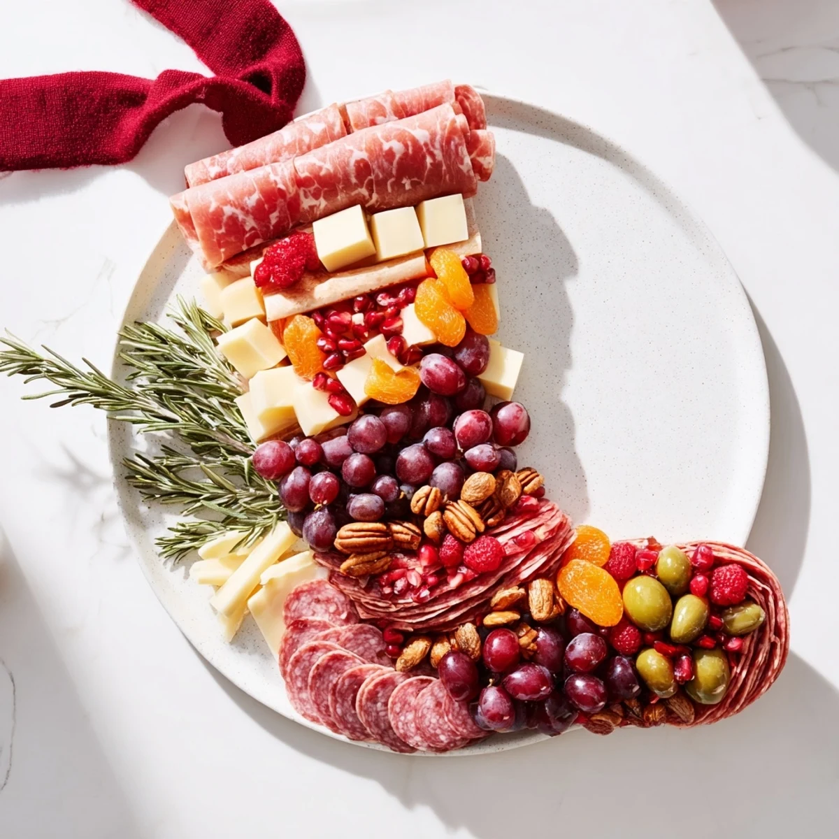 This vibrant holiday Festive Stocking Charcuterie Board presents an array of cheeses, meats, and vibrant fresh elements.