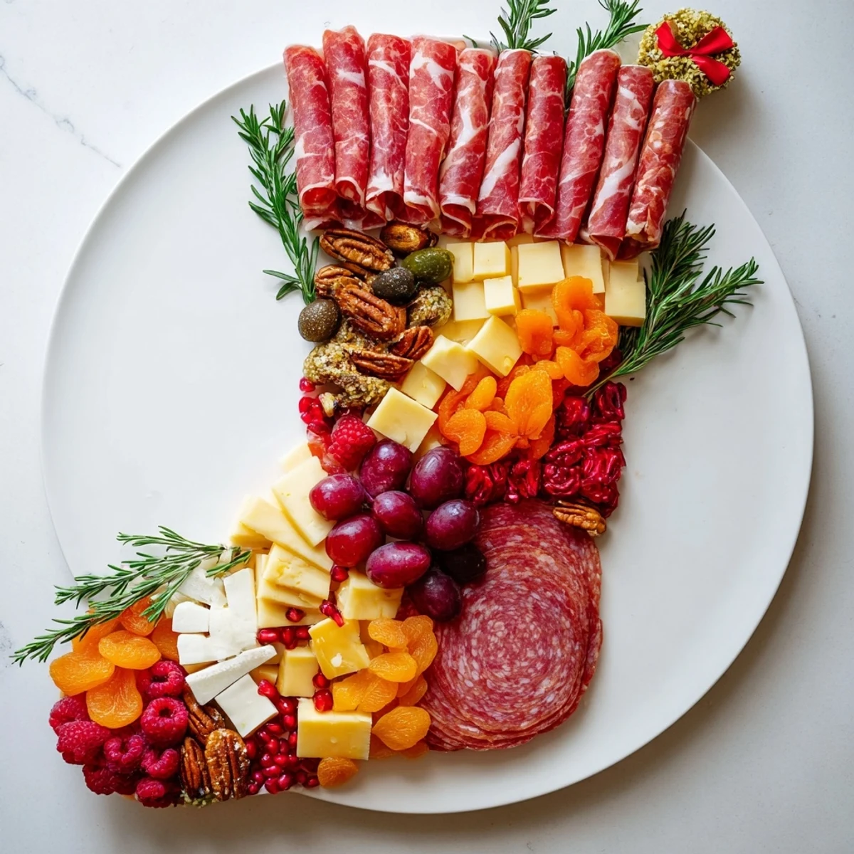 Festive Stocking Charcuterie Board packed with meats, cheeses, fruits, and crackers looks absolutely delicious, ready to serve.