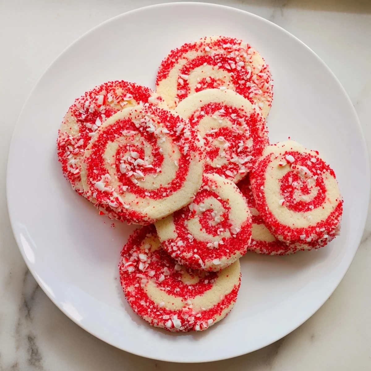 Candy Cane Swirl Cookie Platter displays festive swirled cookies with vibrant red and white peppermint candy flecks.