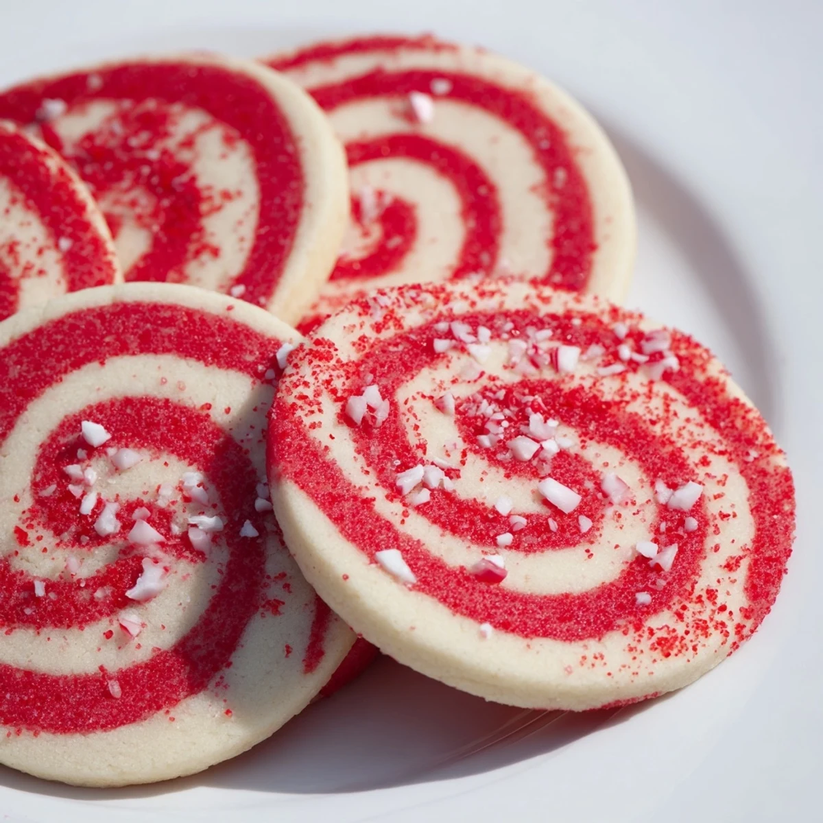 A close-up of a Candy Cane Swirl Cookie Platter showcases the beautiful swirls and crisp, cookie texture.