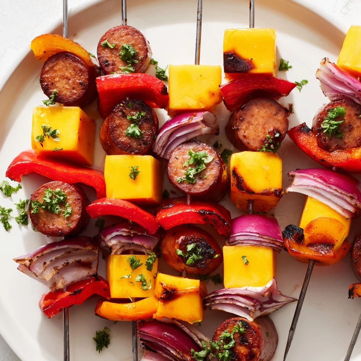 Golden Savory Skewers: Chimney Stack Sausage and Cheese appetizers, bursting with juicy sausage and peppers.
