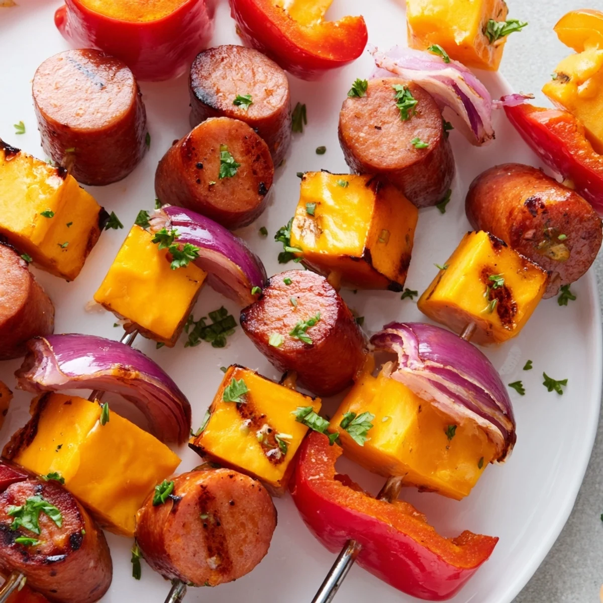 Savory Skewers: Chimney Stack Sausage and Cheese, grilled with caramelized edges and melted cheese.