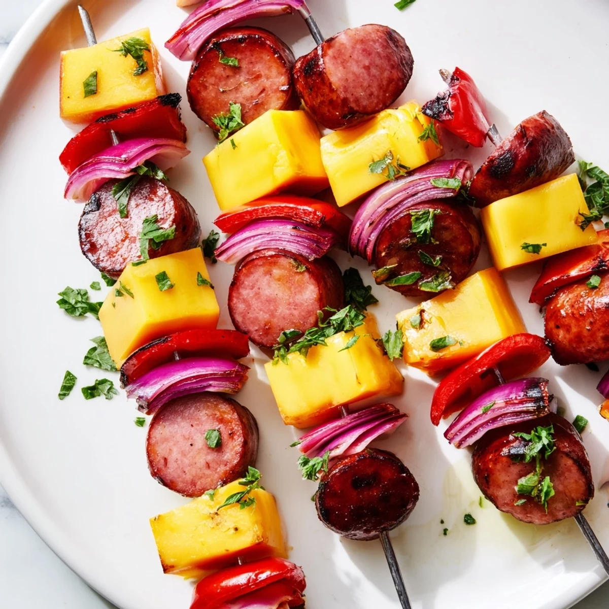 Vibrant Savory Skewers: Chimney Stack Sausage and Cheese, ready to serve, with parsley sprigs for garnish.