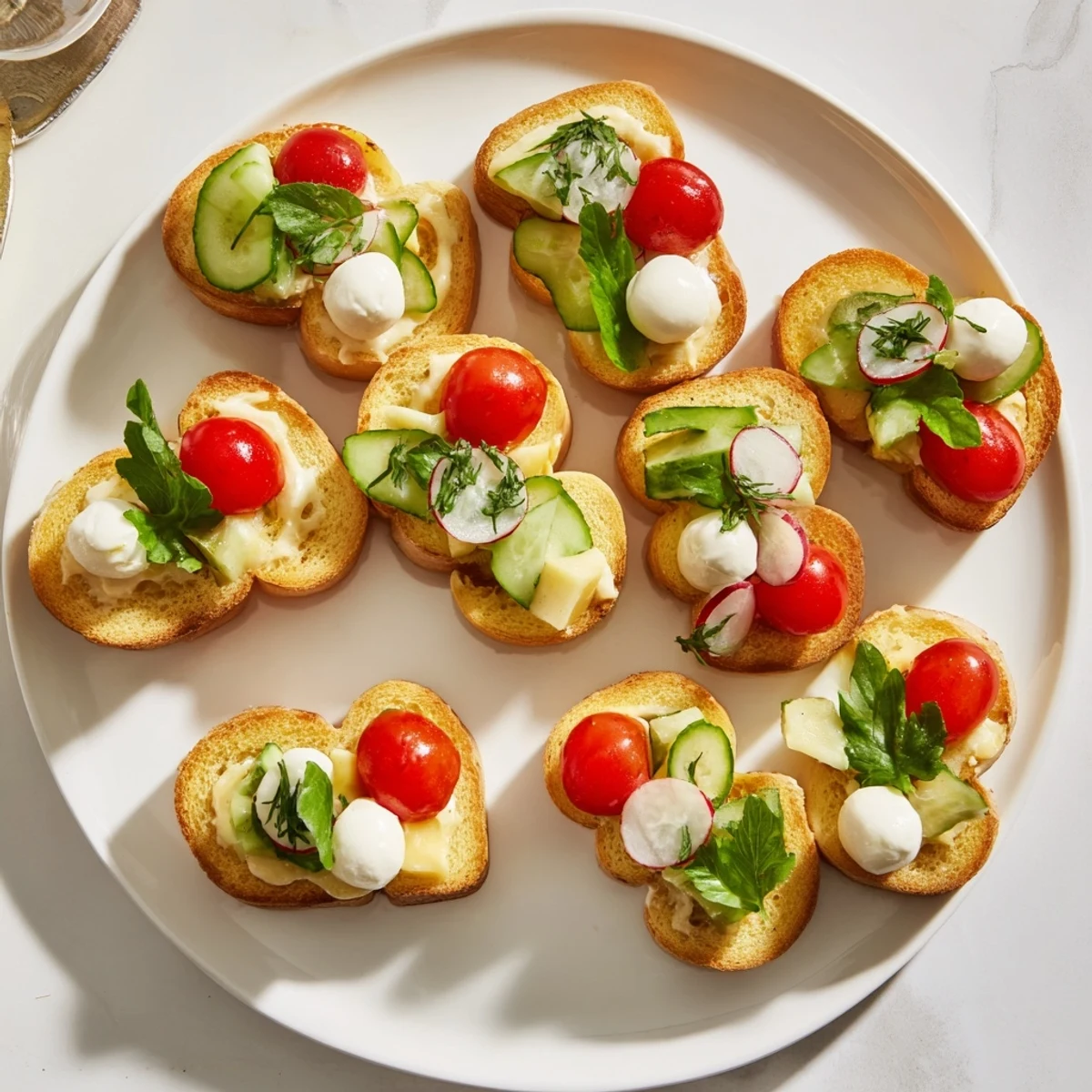 Golden, crispy Elf Shoe Shaped Toast Bites topped with cream cheese and fresh herbs, ready to eat.