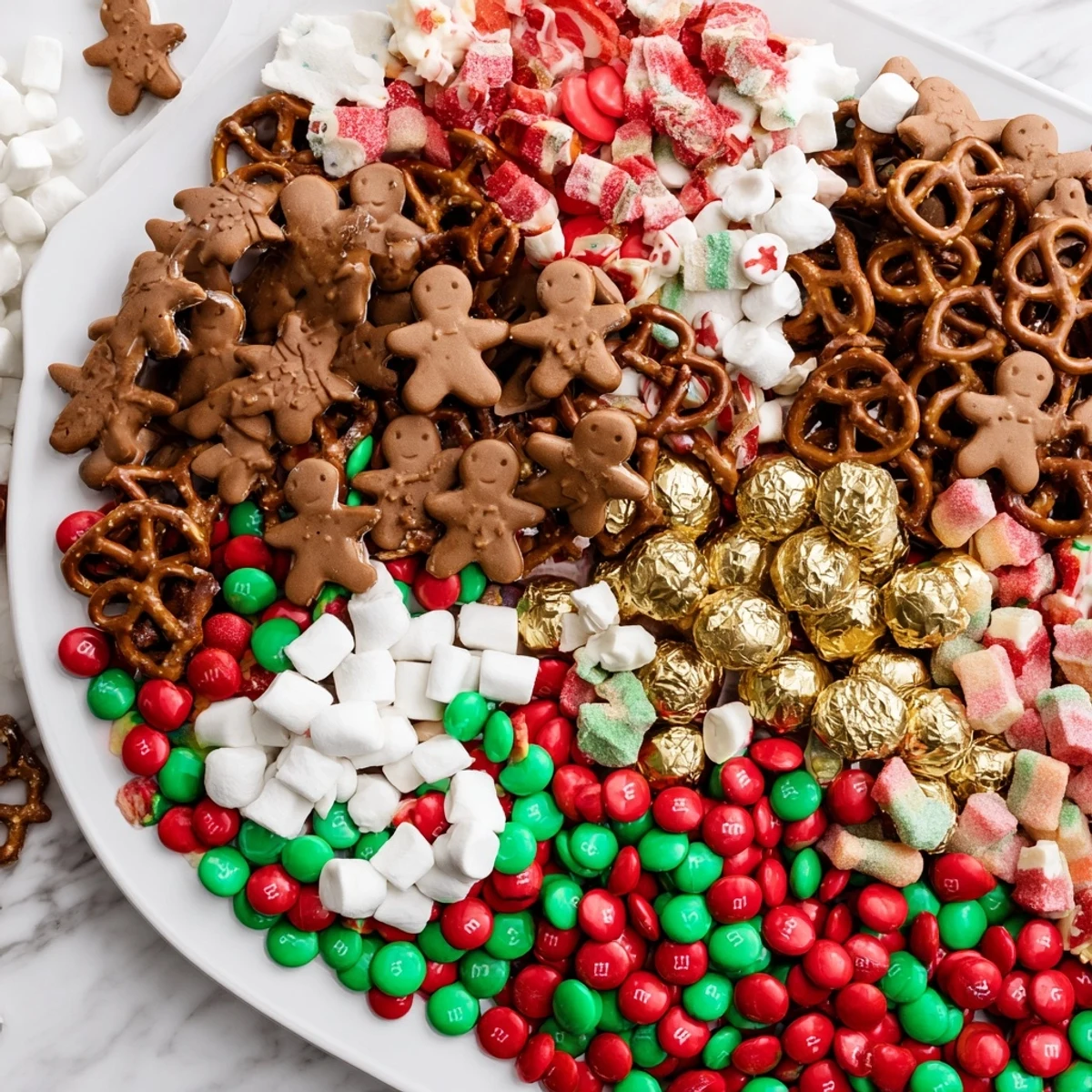 A colorful Santa's Sack Candy Avalanche with a variety of sweet and salty holiday treats.