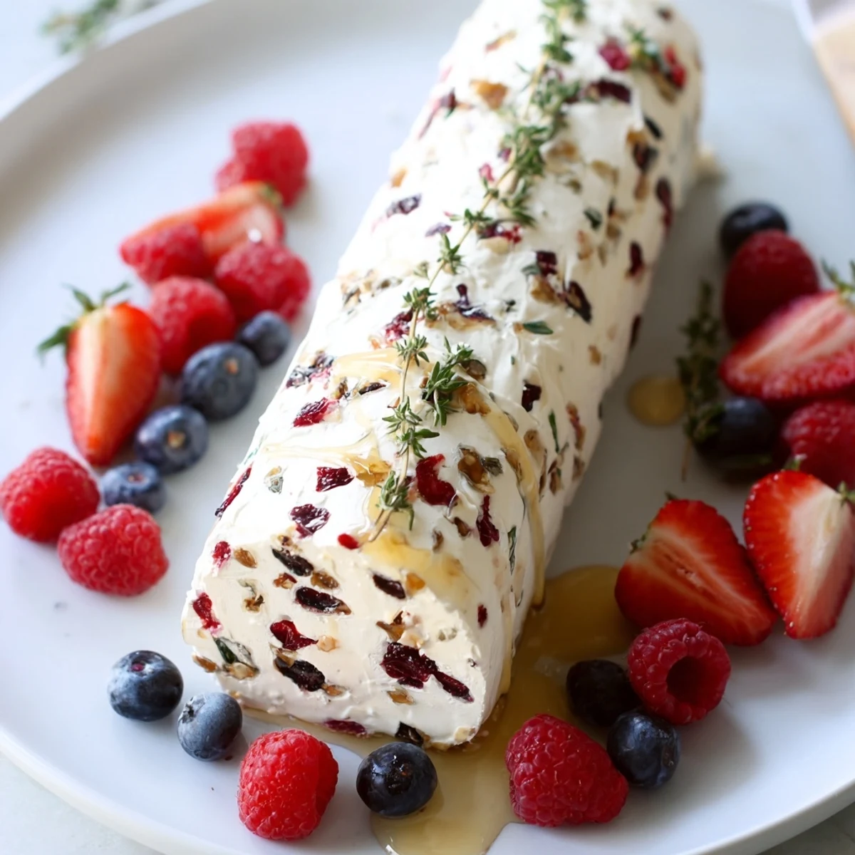 This delicious Cranberry & Goat Cheese Log is speckled with cranberries, served with juicy, fresh berries for a refreshing treat.