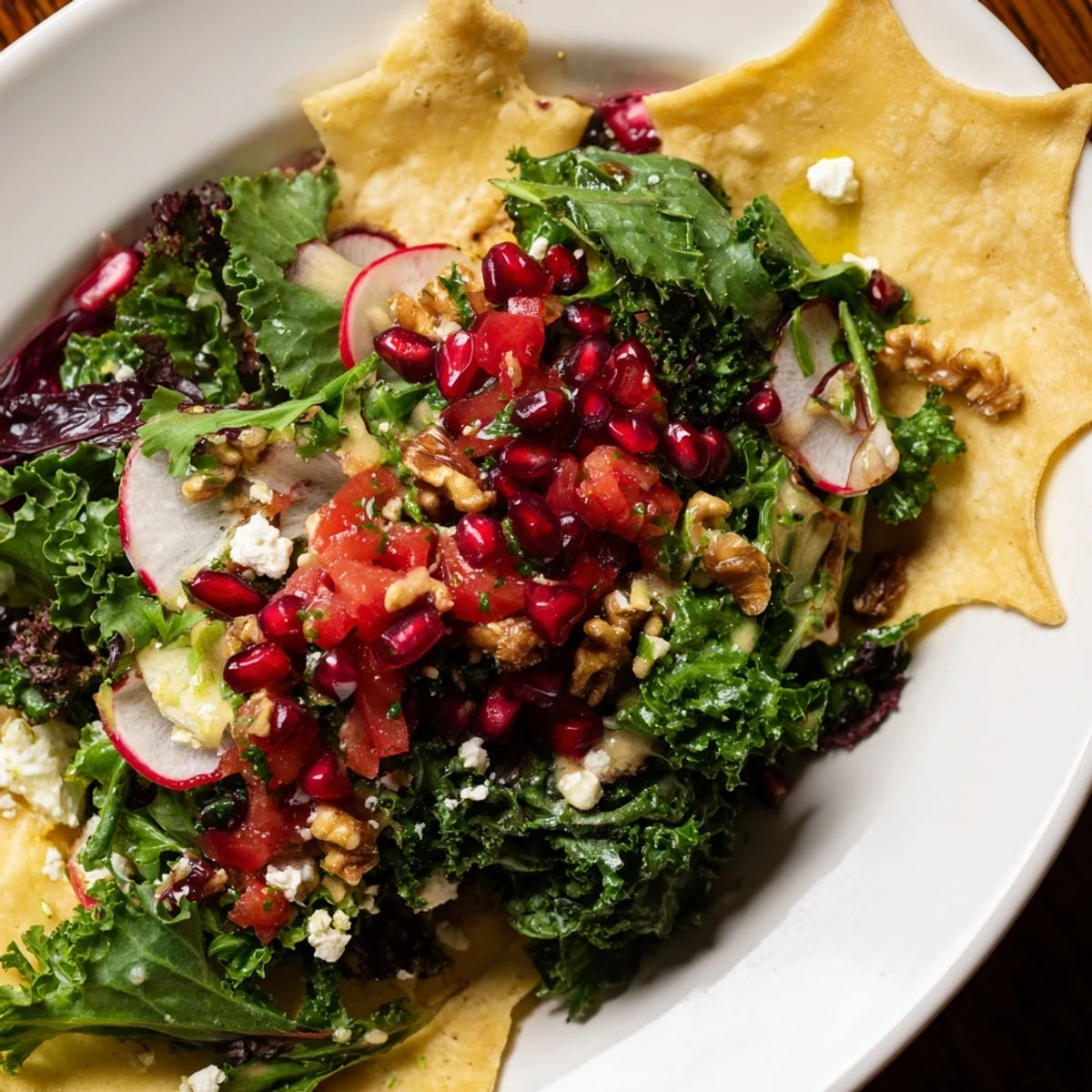 Close-up photo of the Winter Salad: Snowflake tortilla chips alongside a vibrant, fresh salad.