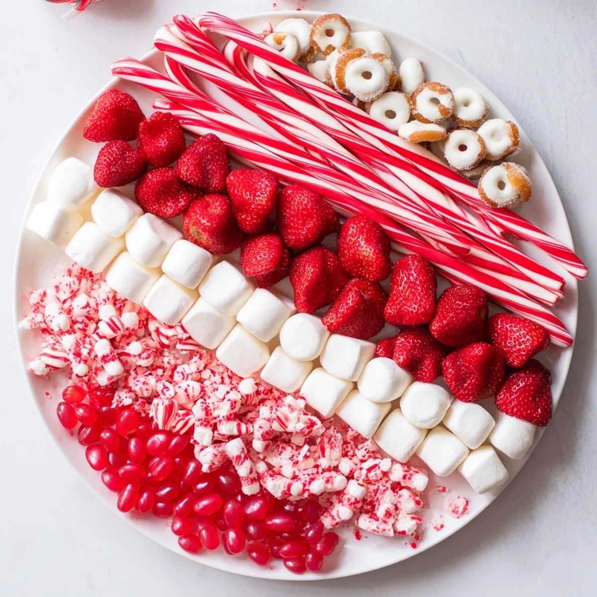 A beautiful Sweet Board featuring colorful candies, juicy strawberries, and creamy white chocolate pretzels.