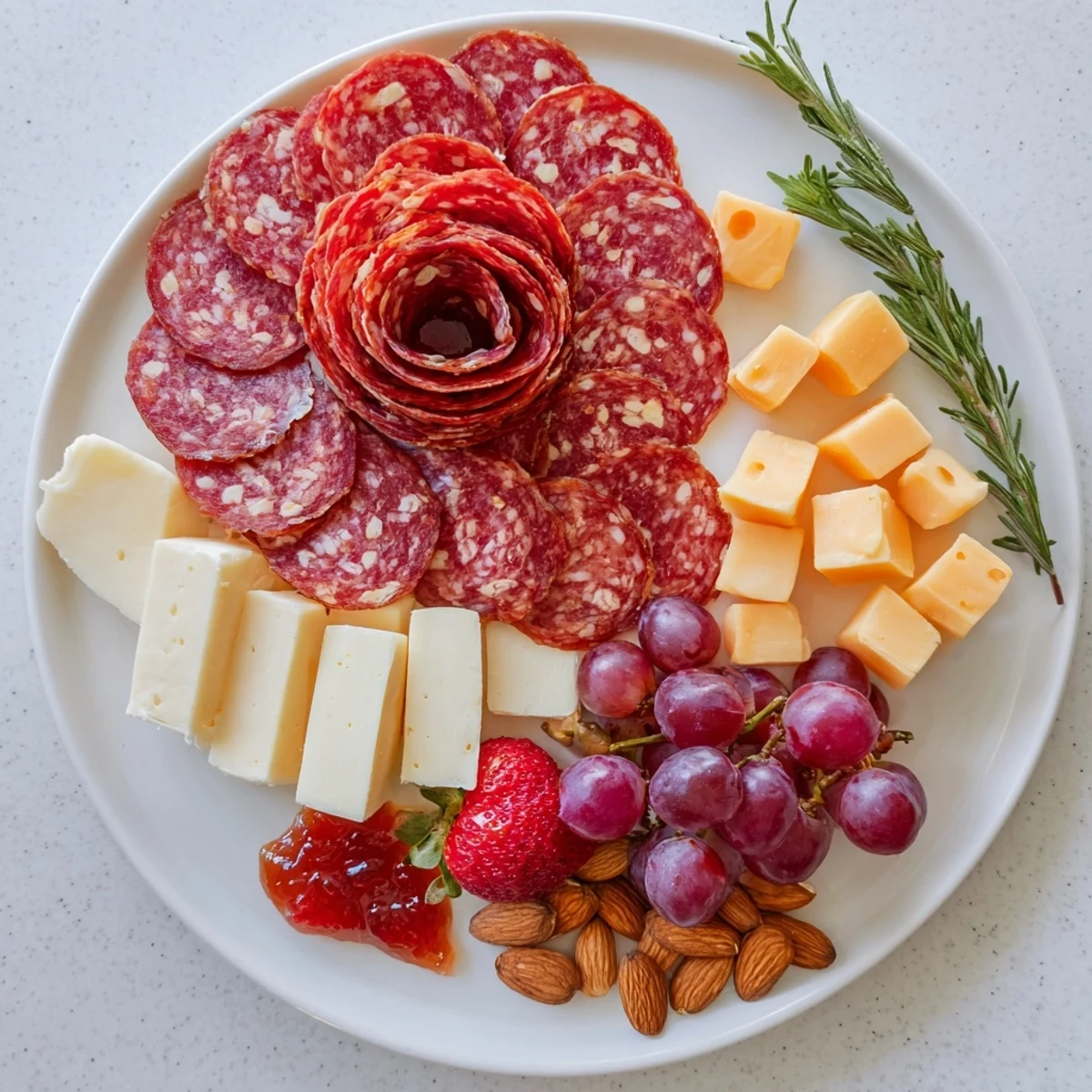 Easy Charcuterie: Salami Rose Board, a tempting arrangement of meats, cheeses, and berries, ready to enjoy.