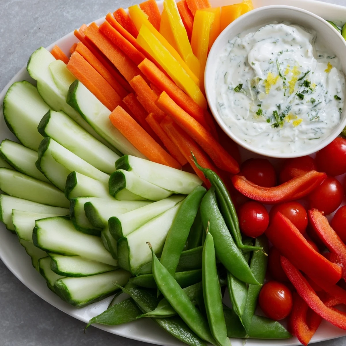 A colorful veggie platter with fan-shaped cucumber, carrots, and refreshing yogurt dip.