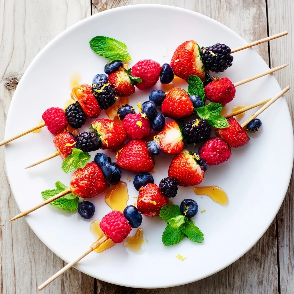 Fresh and colorful fruit skewers featuring sweet berries and fragrant mint, ready to enjoy.