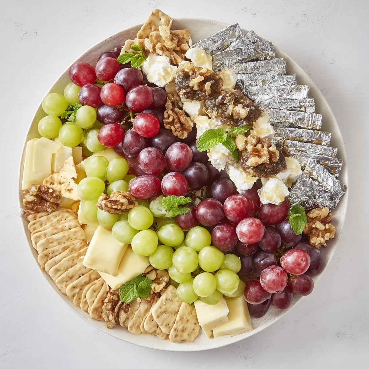 Sparkling grapes and silver crackers appetizer platter—a beautiful arrangement for festive celebrations.