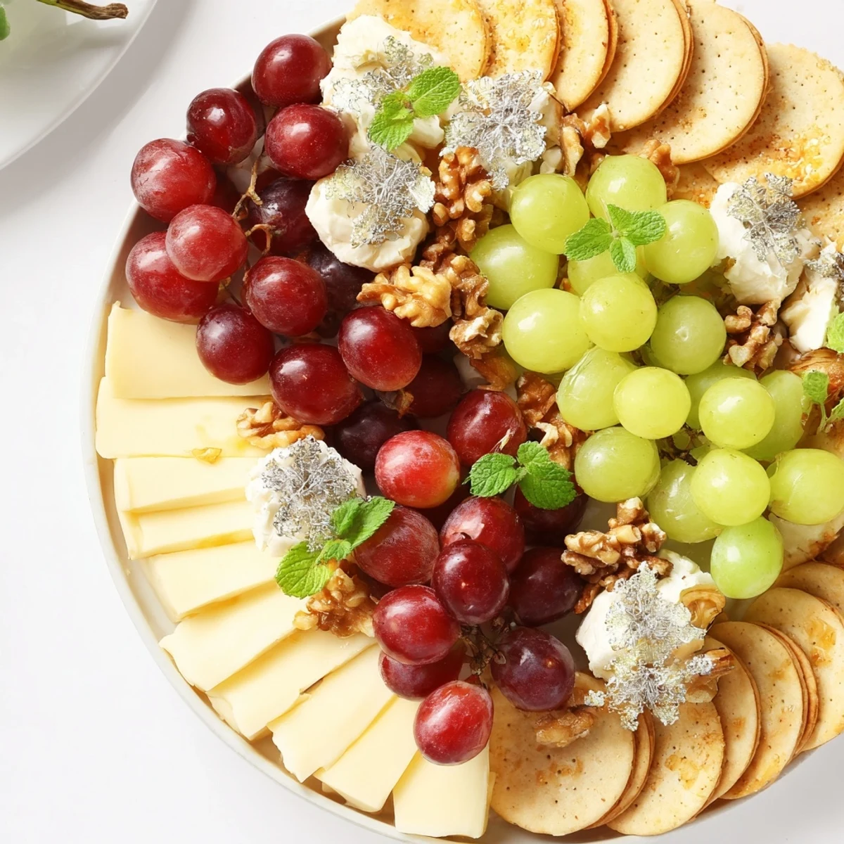 Delicious Sparkling Grape and Silver Cracker platter features colorful grapes, creamy cheese, and silver crackers perfect for entertaining.
