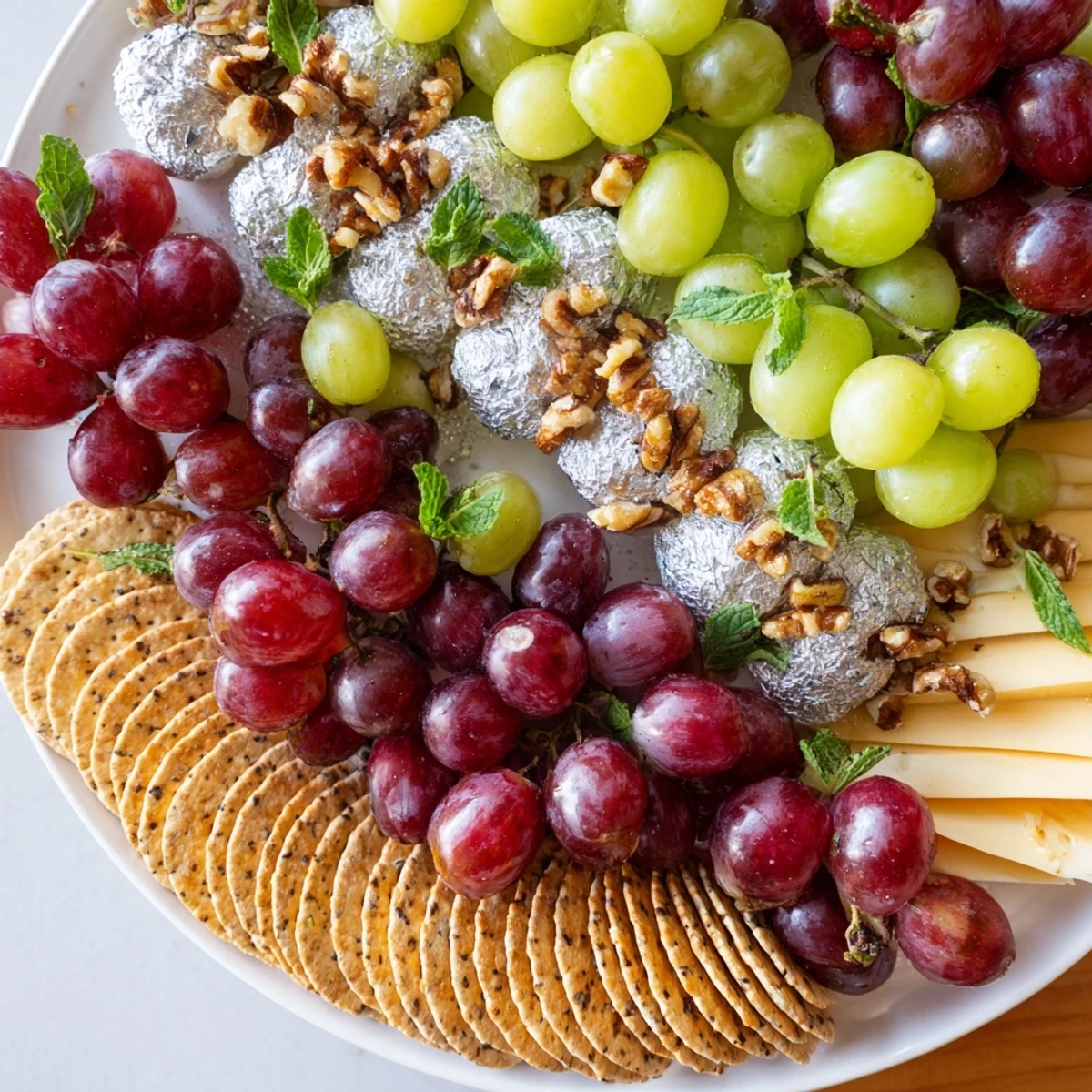 This Sparkling Grape and Silver Cracker platter displays a delightful mix of grapes and cheeses, ready to eat.